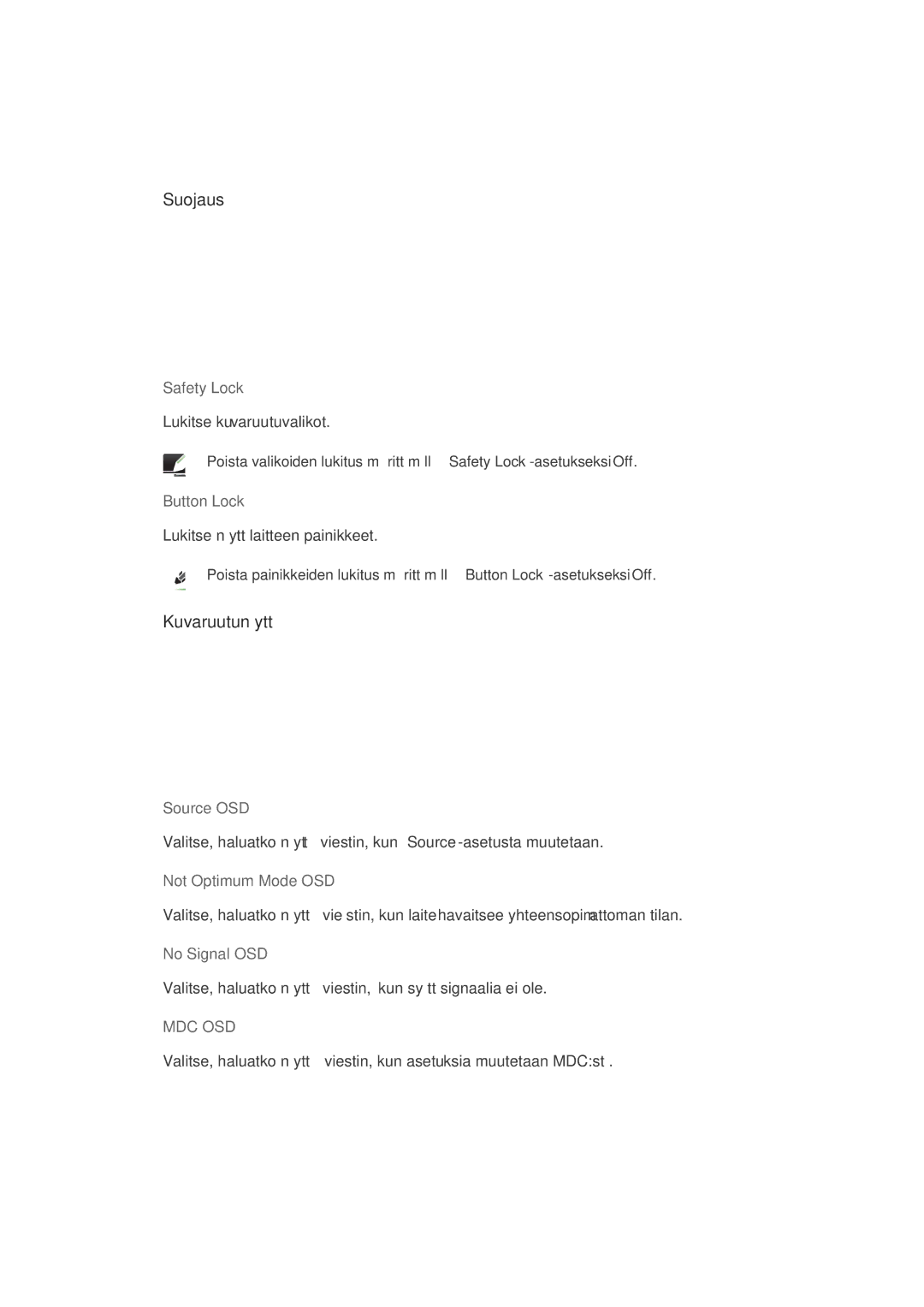 Samsung LH32CRTMBC/EN, LH32CRSMBC/EN, LH32CRSMBD/EN manual Suojaus, Kuvaruutunäyttö, Safety Lock, Button Lock, Source OSD 