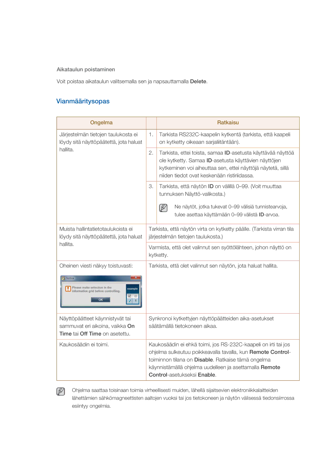 Samsung LH32CRSMBC/EN, LH32CRTMBC/EN, LH32CRSMBD/EN manual Vianmääritysopas, Aikataulun poistaminen 