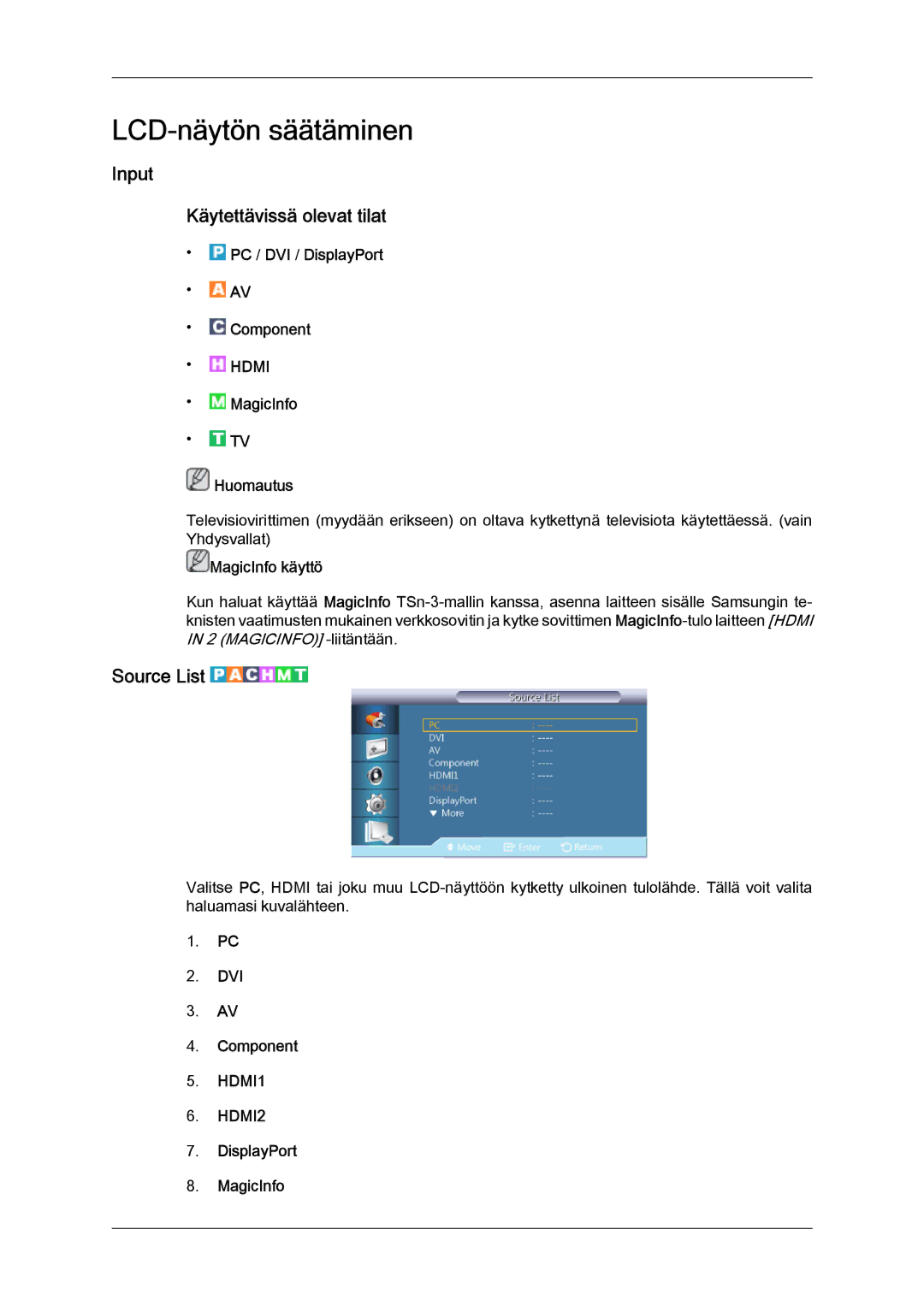 Samsung LH32CRTMBC/EN Input Käytettävissä olevat tilat, Source List, PC / DVI / DisplayPort Component, MagicInfo Huomautus 