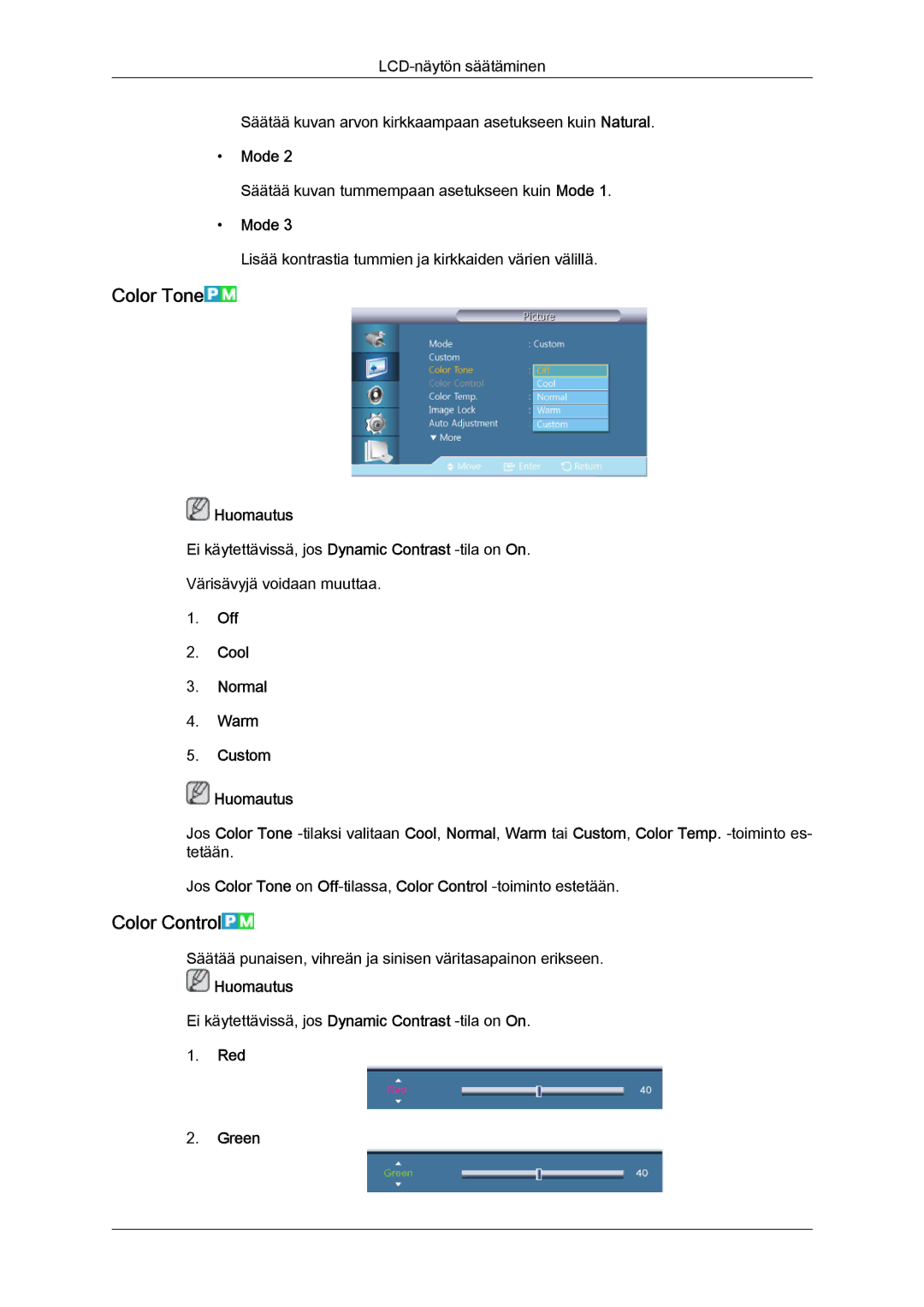 Samsung LH32CRSMBC/EN, LH32CRTMBC/EN, LH32CRSMBD/EN manual Color Tone, Color Control, Red Green 