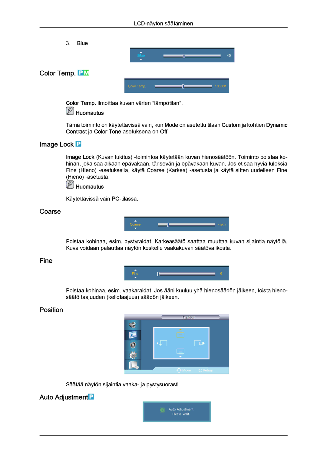 Samsung LH32CRSMBD/EN, LH32CRTMBC/EN, LH32CRSMBC/EN manual Color Temp, Image Lock, Coarse, Fine, Auto Adjustment 