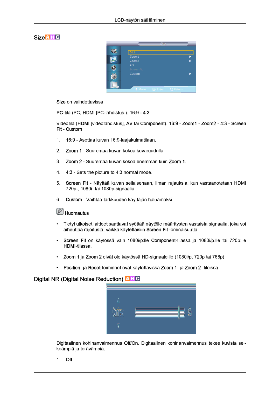 Samsung LH32CRTMBC/EN, LH32CRSMBC/EN, LH32CRSMBD/EN manual Size, Digital NR Digital Noise Reduction 