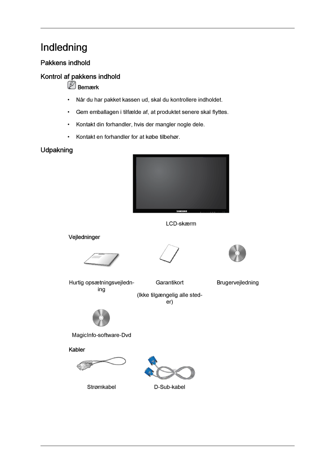 Samsung LH32CRSMBC/EN, LH32CRTMBC/EN manual Pakkens indhold Kontrol af pakkens indhold, Udpakning, Vejledninger, Kabler 