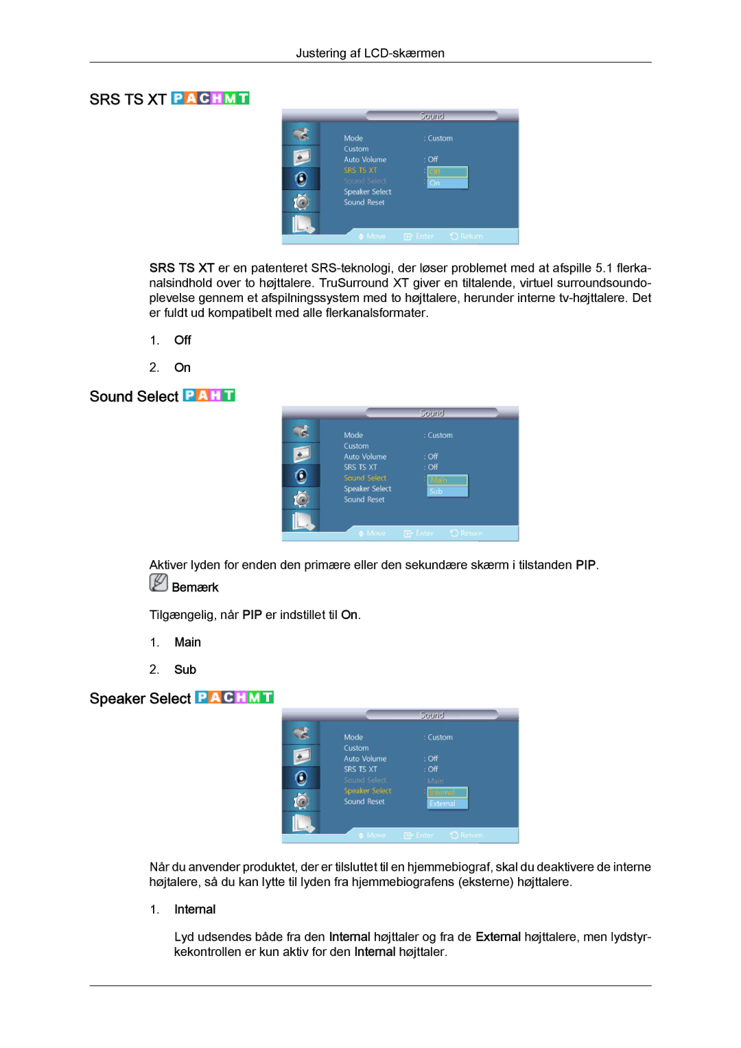 Samsung LH32CRSMBD/EN, LH32CRTMBC/EN, LH32CRSMBC/EN manual Sound Select, Speaker Select, Main Sub, Internal 