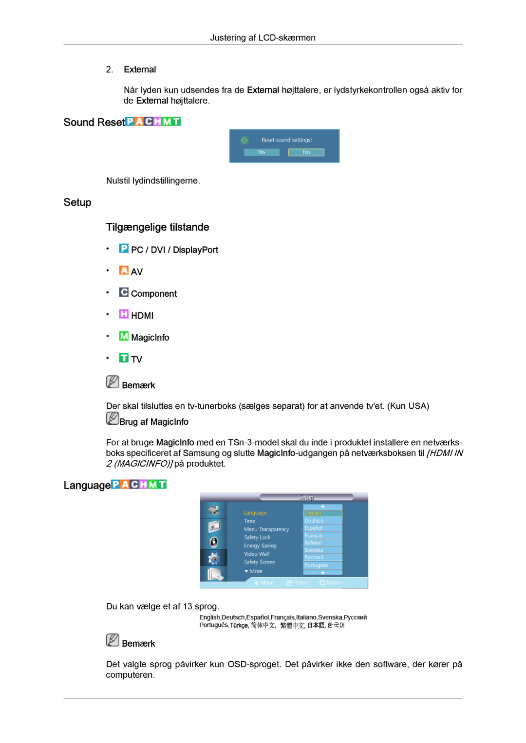 Samsung LH32CRTMBC/EN, LH32CRSMBC/EN, LH32CRSMBD/EN manual Sound Reset, Setup Tilgængelige tilstande, Language, External 