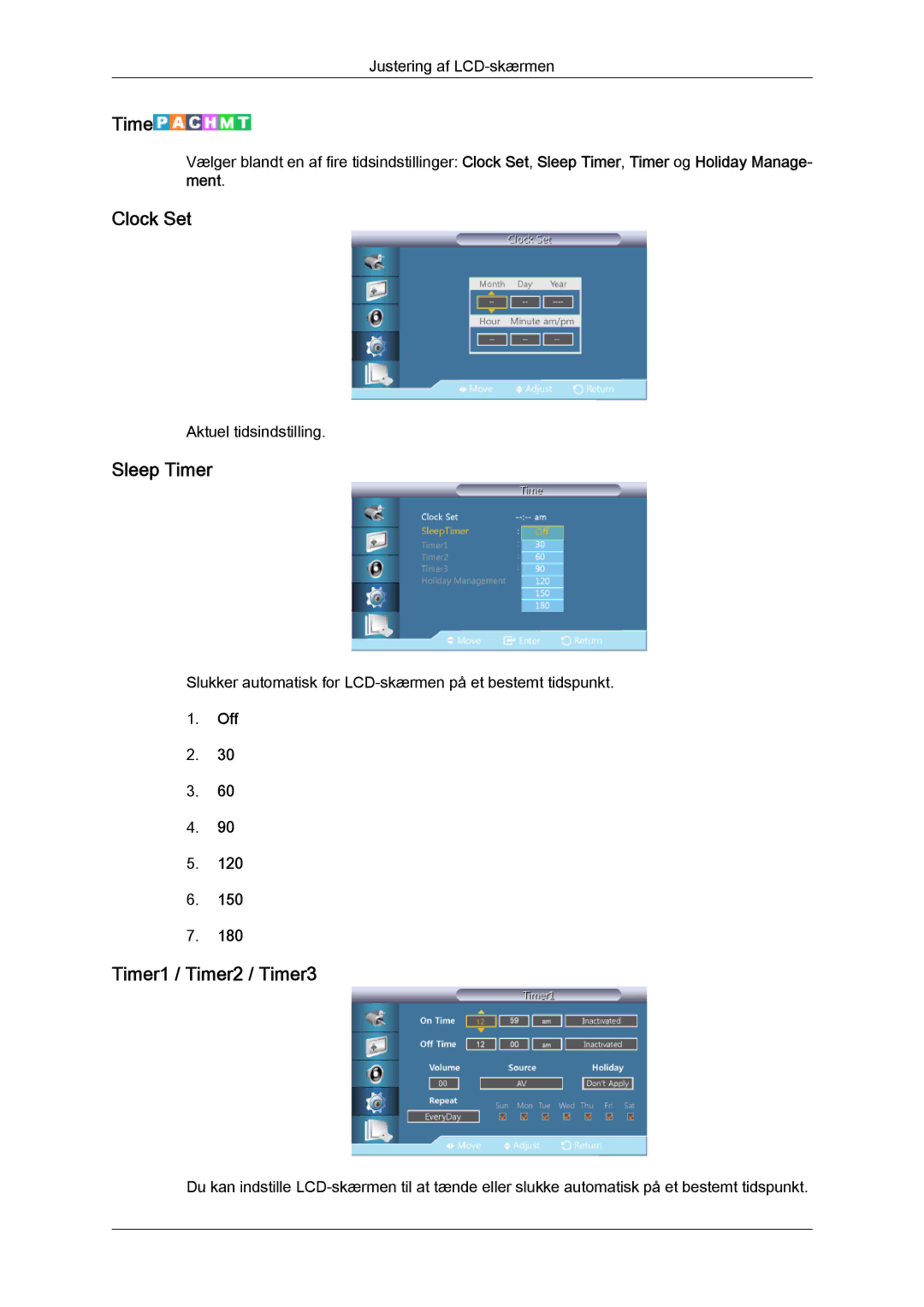 Samsung LH32CRSMBC/EN, LH32CRTMBC/EN, LH32CRSMBD/EN manual Clock Set, Sleep Timer, Timer1 / Timer2 / Timer3 