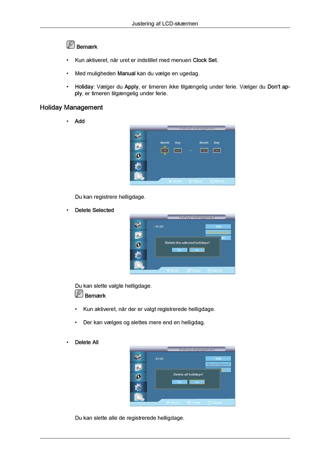 Samsung LH32CRSMBD/EN, LH32CRTMBC/EN, LH32CRSMBC/EN manual Holiday Management, Add, Delete Selected, Delete All 