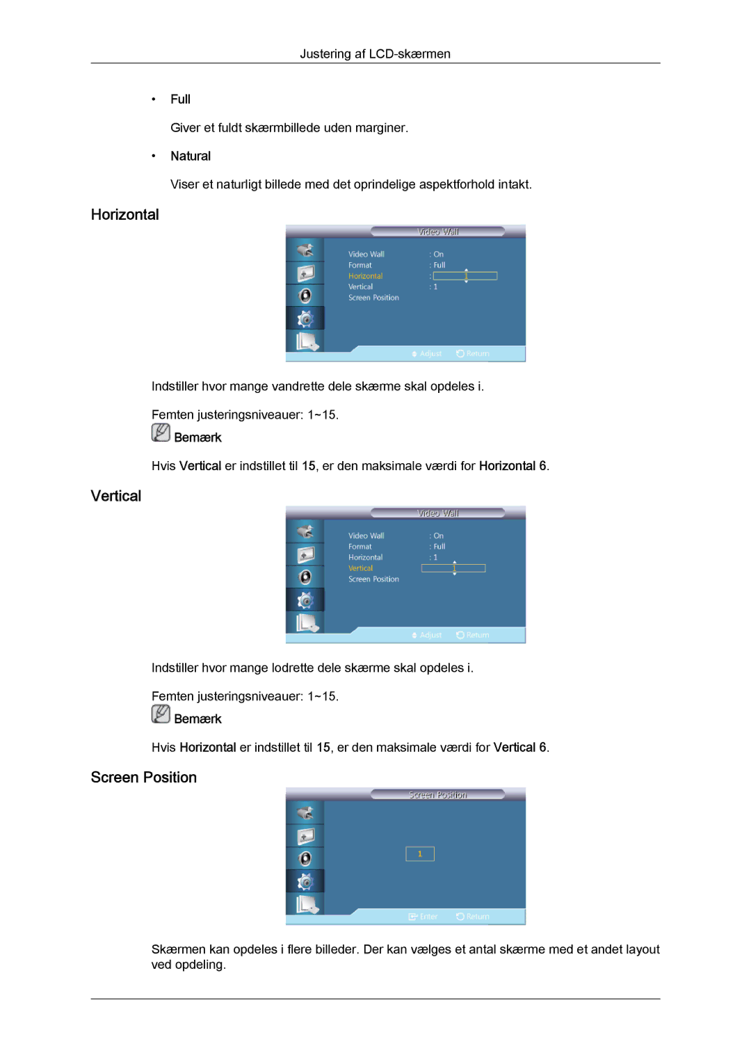 Samsung LH32CRSMBD/EN, LH32CRTMBC/EN, LH32CRSMBC/EN manual Horizontal, Vertical, Screen Position, Full 