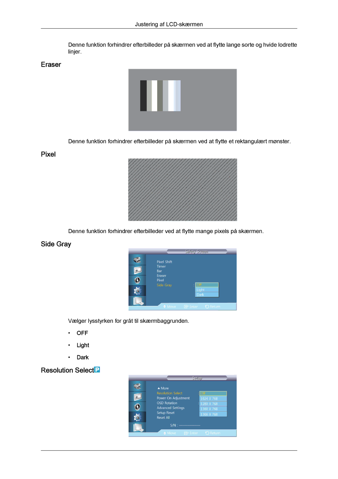 Samsung LH32CRTMBC/EN, LH32CRSMBC/EN, LH32CRSMBD/EN manual Eraser, Pixel, Side Gray, Resolution Select, Light Dark 