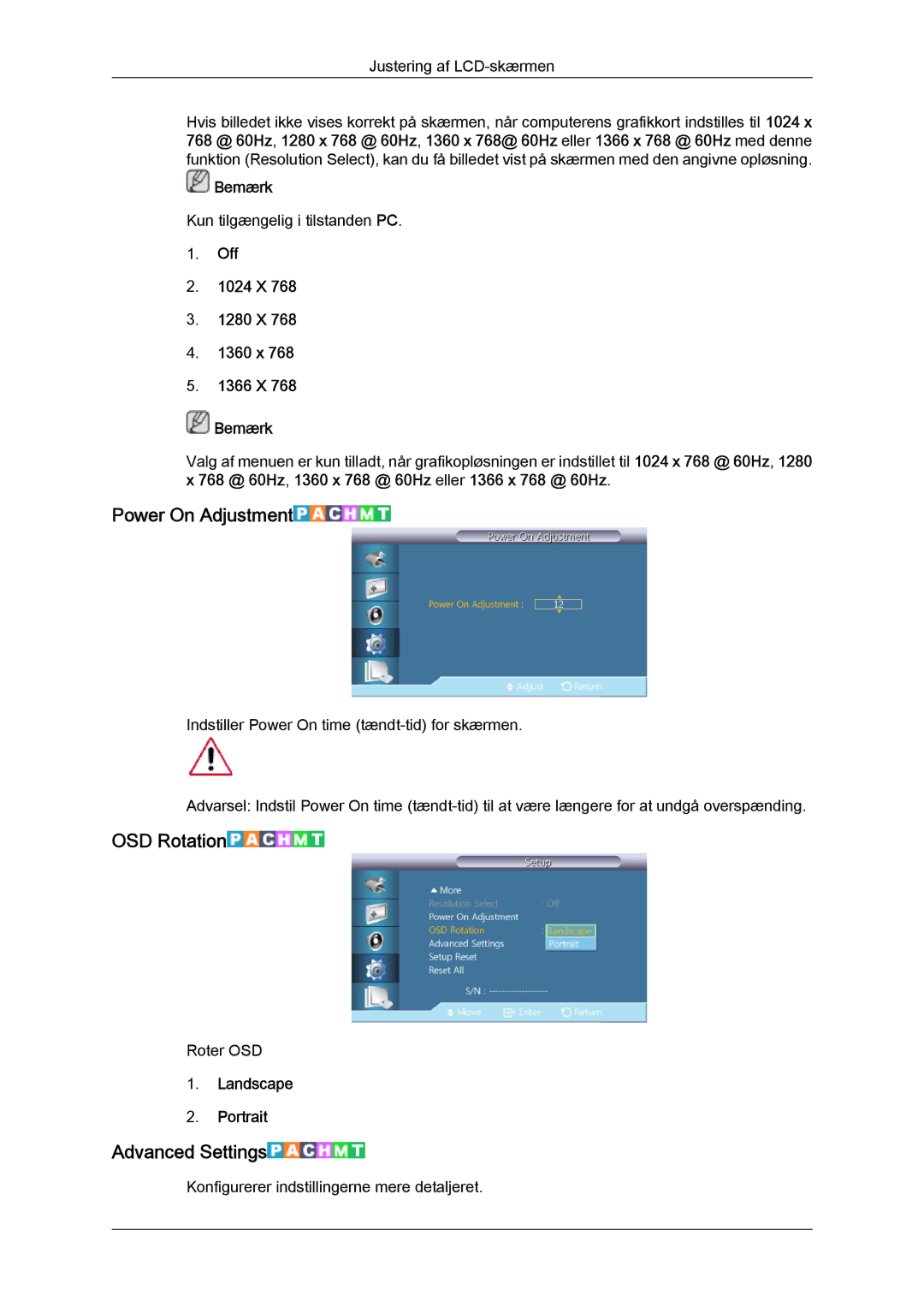 Samsung LH32CRSMBC/EN manual Power On Adjustment, OSD Rotation, Advanced Settings, Off 1024 X 1280 X 1360 x 1366 X Bemærk 