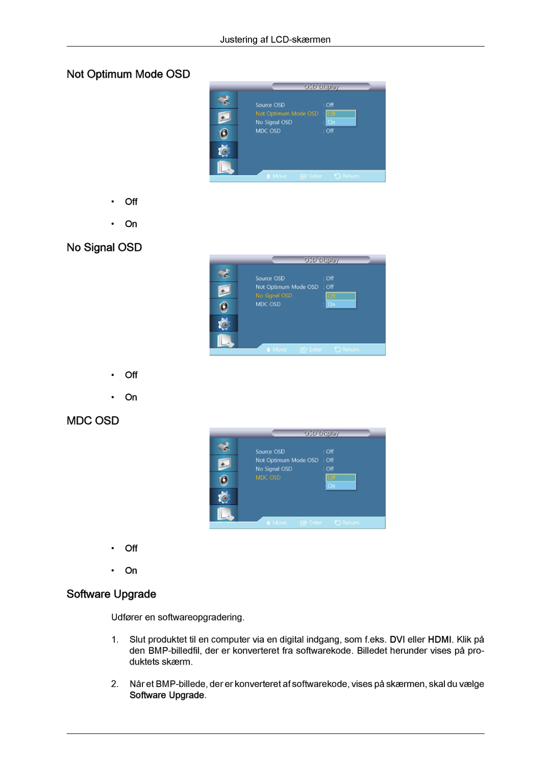 Samsung LH32CRTMBC/EN, LH32CRSMBC/EN, LH32CRSMBD/EN manual Not Optimum Mode OSD, No Signal OSD, Software Upgrade 