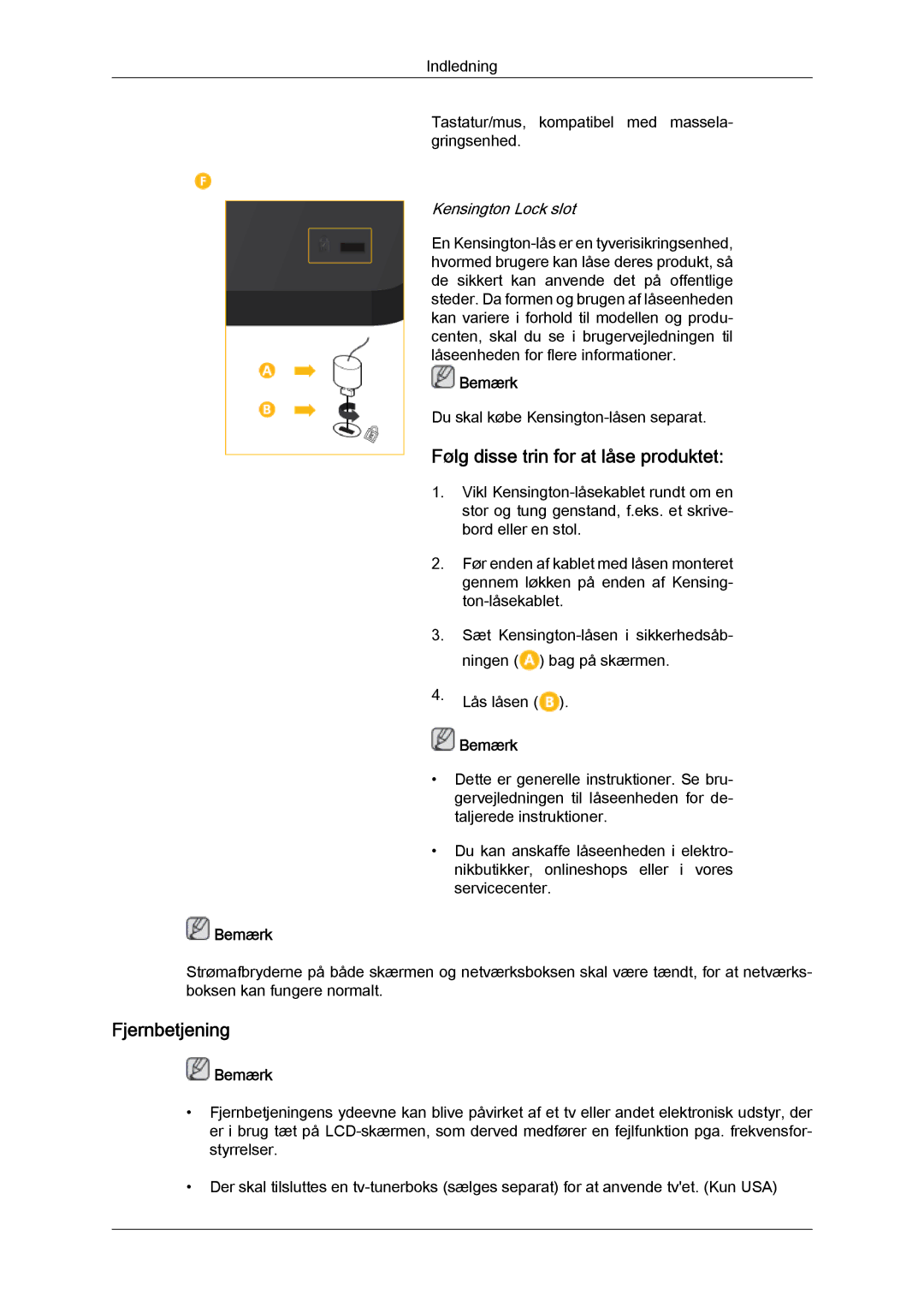 Samsung LH32CRSMBD/EN, LH32CRTMBC/EN, LH32CRSMBC/EN manual Følg disse trin for at låse produktet, Fjernbetjening 