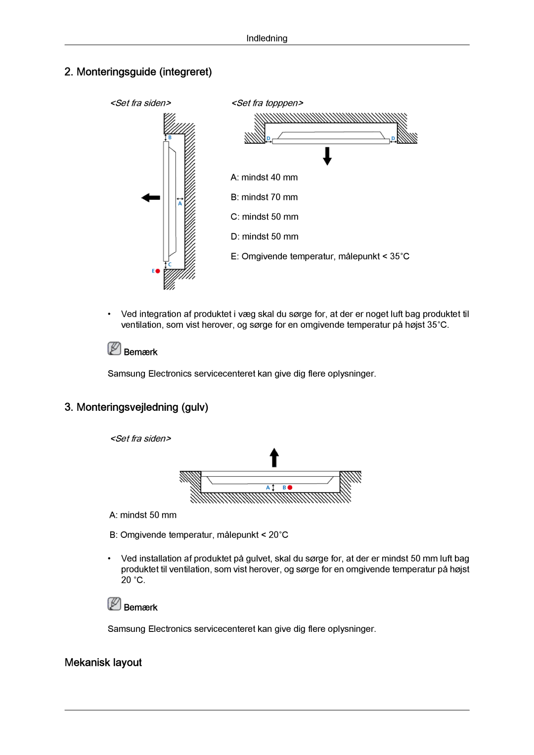 Samsung LH32CRSMBC/EN, LH32CRTMBC/EN, LH32CRSMBD/EN Monteringsguide integreret, Monteringsvejledning gulv, Mekanisk layout 