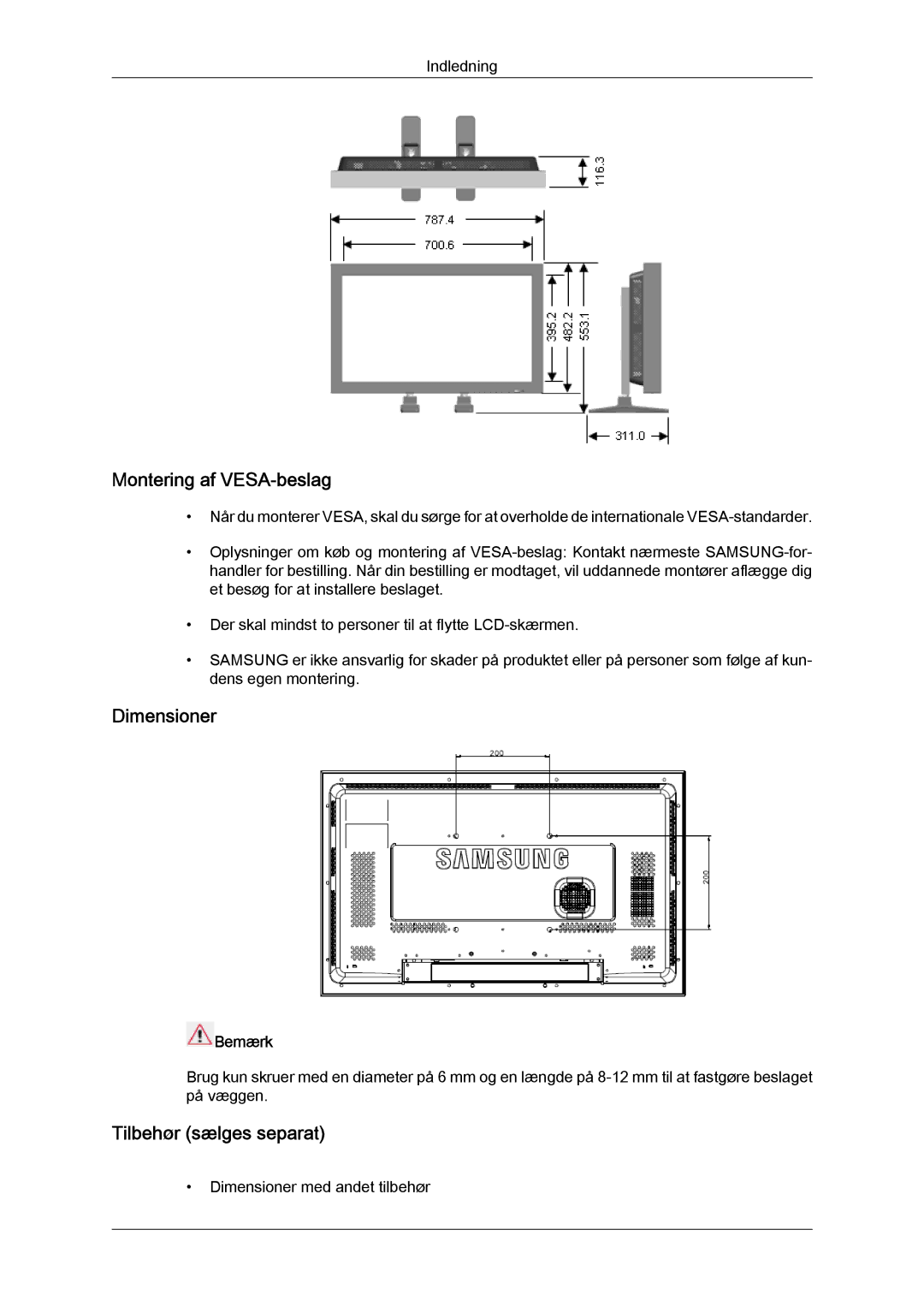 Samsung LH32CRSMBD/EN, LH32CRTMBC/EN, LH32CRSMBC/EN manual Montering af VESA-beslag, Dimensioner, Tilbehør sælges separat 