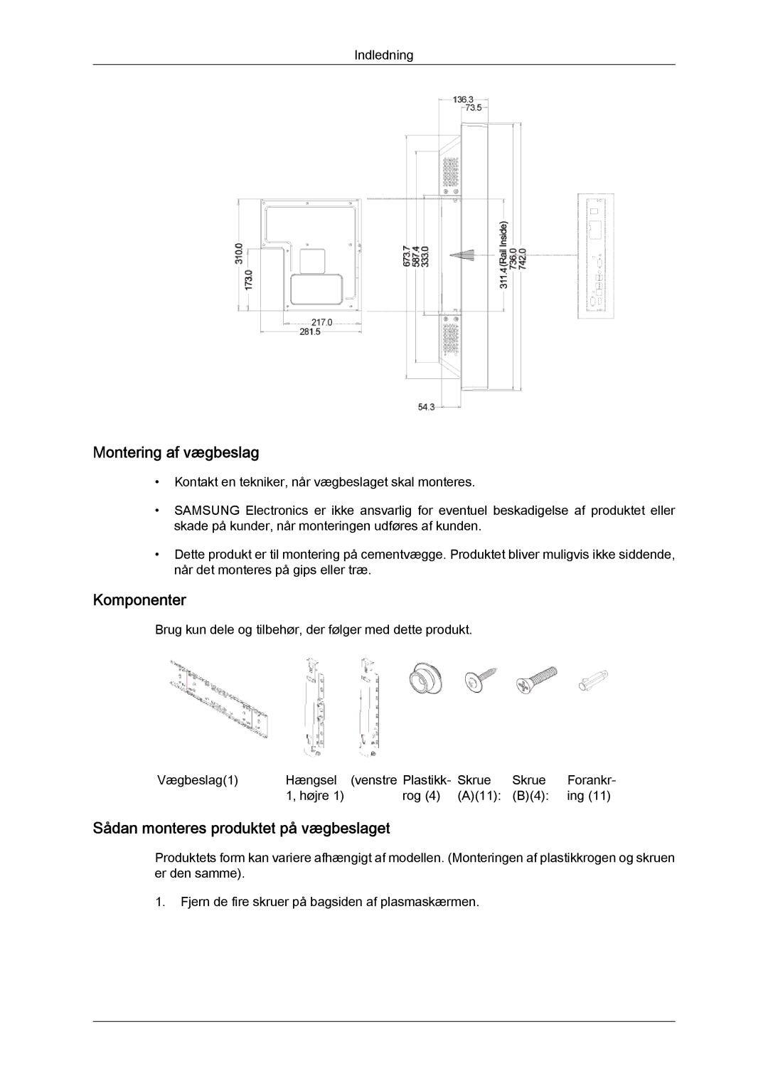 Samsung LH32CRTMBC/EN, LH32CRSMBC/EN manual Montering af vægbeslag, Komponenter, Sådan monteres produktet på vægbeslaget 