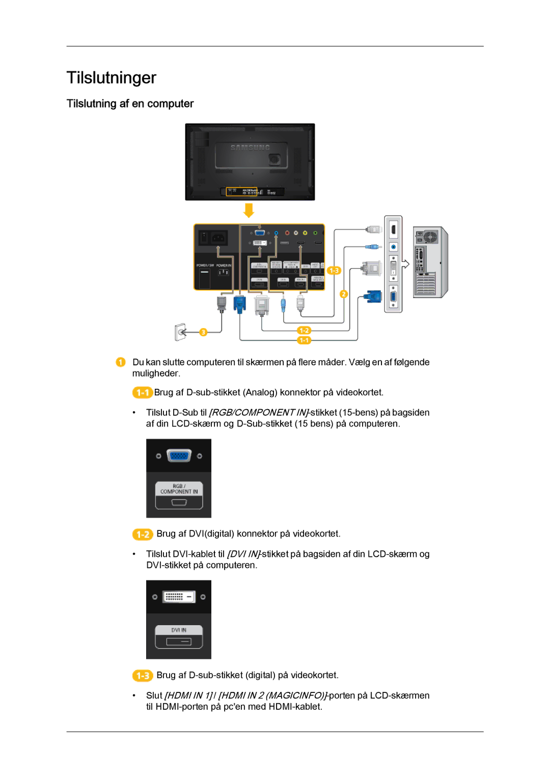 Samsung LH32CRSMBC/EN, LH32CRTMBC/EN, LH32CRSMBD/EN manual Tilslutninger, Tilslutning af en computer 