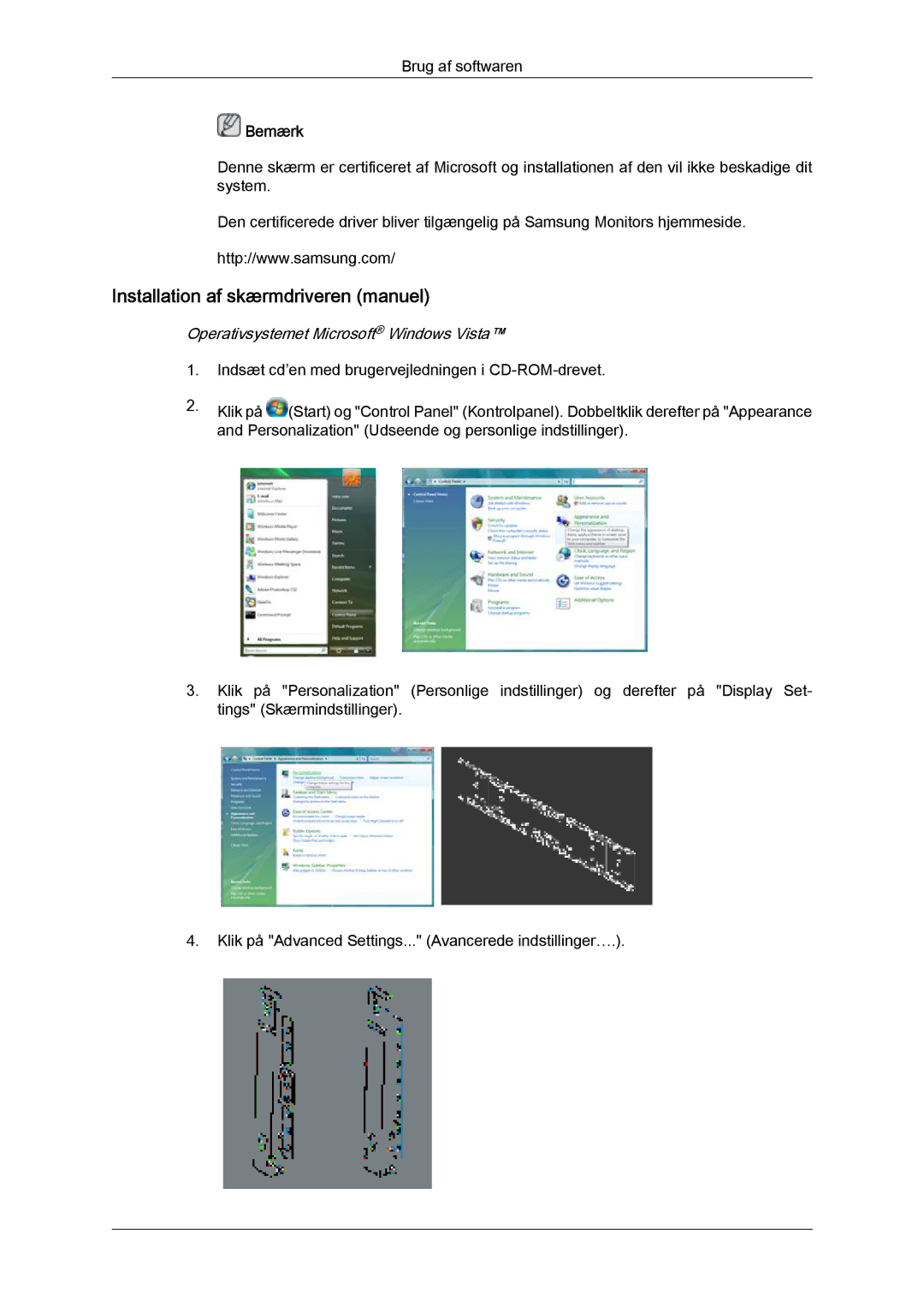 Samsung LH32CRTMBC/EN, LH32CRSMBC/EN manual Installation af skærmdriveren manuel, Operativsystemet Microsoft Windows Vista 