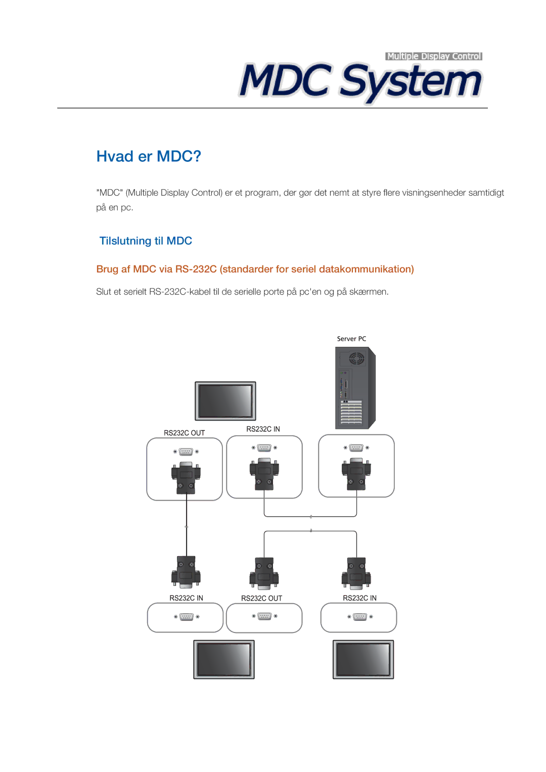 Samsung LH32CRTMBC/EN, LH32CRSMBC/EN, LH32CRSMBD/EN manual Hvad er MDC?, Tilslutning til MDC 