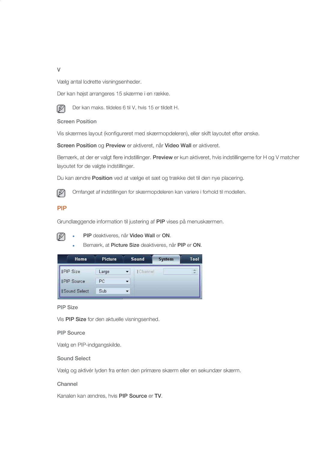 Samsung LH32CRSMBC/EN, LH32CRTMBC/EN, LH32CRSMBD/EN manual Screen Position, PIP Size, PIP Source, Sound Select 