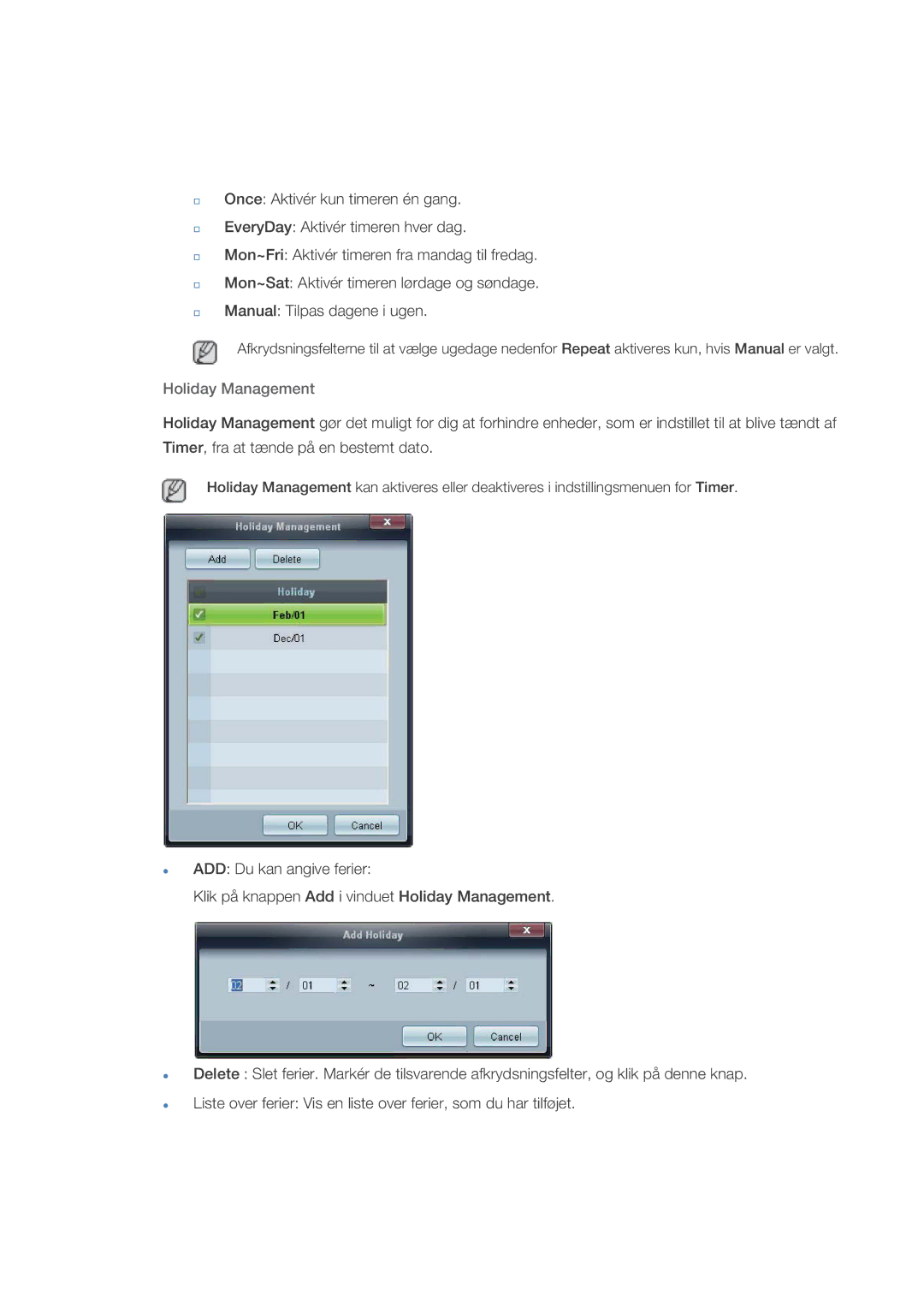 Samsung LH32CRSMBD/EN, LH32CRTMBC/EN, LH32CRSMBC/EN manual Holiday Management 