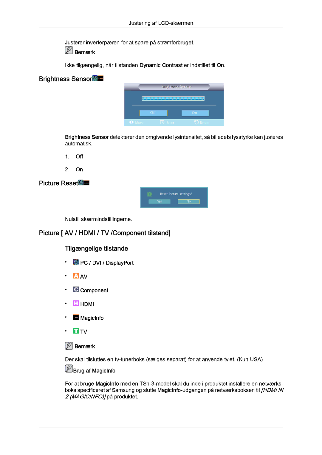 Samsung LH32CRTMBC/EN, LH32CRSMBC/EN, LH32CRSMBD/EN manual Brightness Sensor, Picture Reset 
