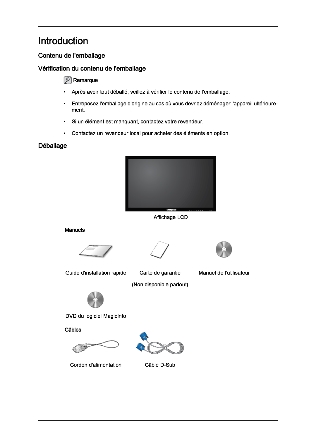 Samsung LH32CRSMBC/EN manual Introduction, Contenu de lemballage Vérification du contenu de lemballage, Déballage, Manuels 