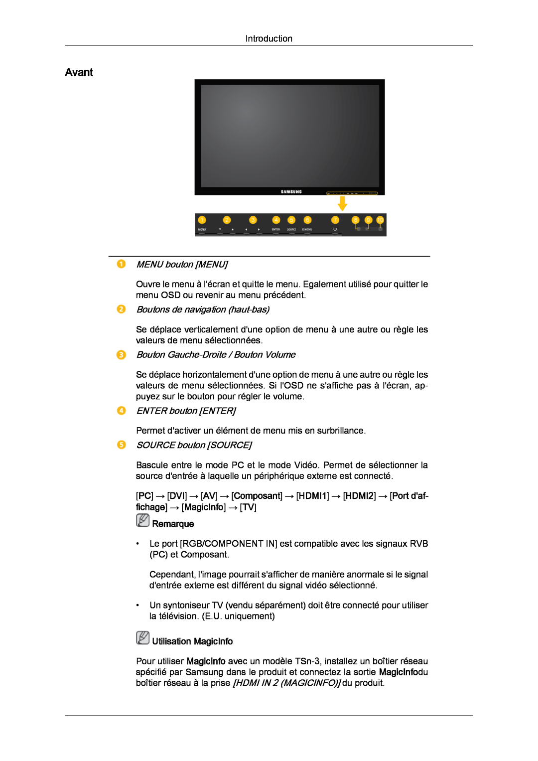 Samsung LH32CRTMBC/EN manual Avant, MENU bouton MENU, Boutons de navigation haut-bas, Bouton Gauche-Droite / Bouton Volume 