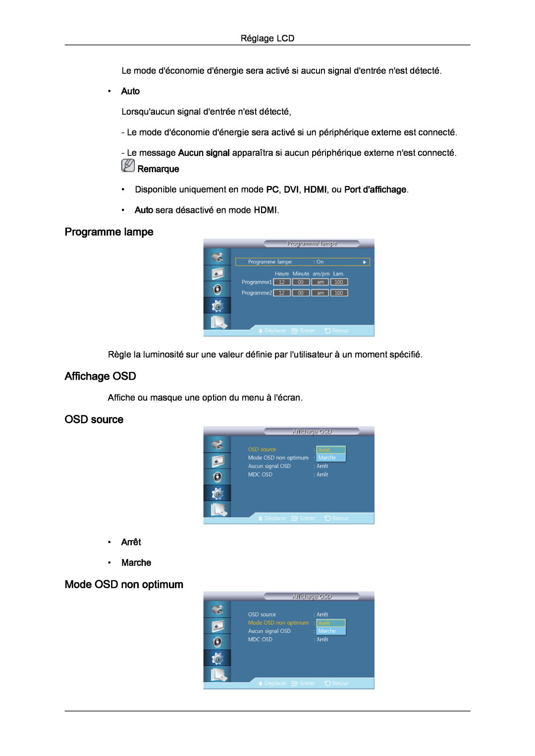 Samsung LH32CRTMBC/EN manual Programme lampe, Affichage OSD, OSD source, Mode OSD non optimum, Auto, Remarque, Arrêt Marche 