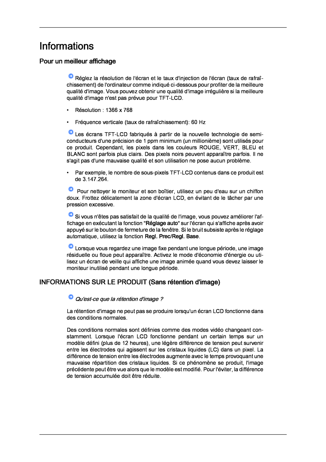 Samsung LH32CRTMBC/EN manual Informations, Pour un meilleur affichage, INFORMATIONS SUR LE PRODUIT Sans rétention dimage 