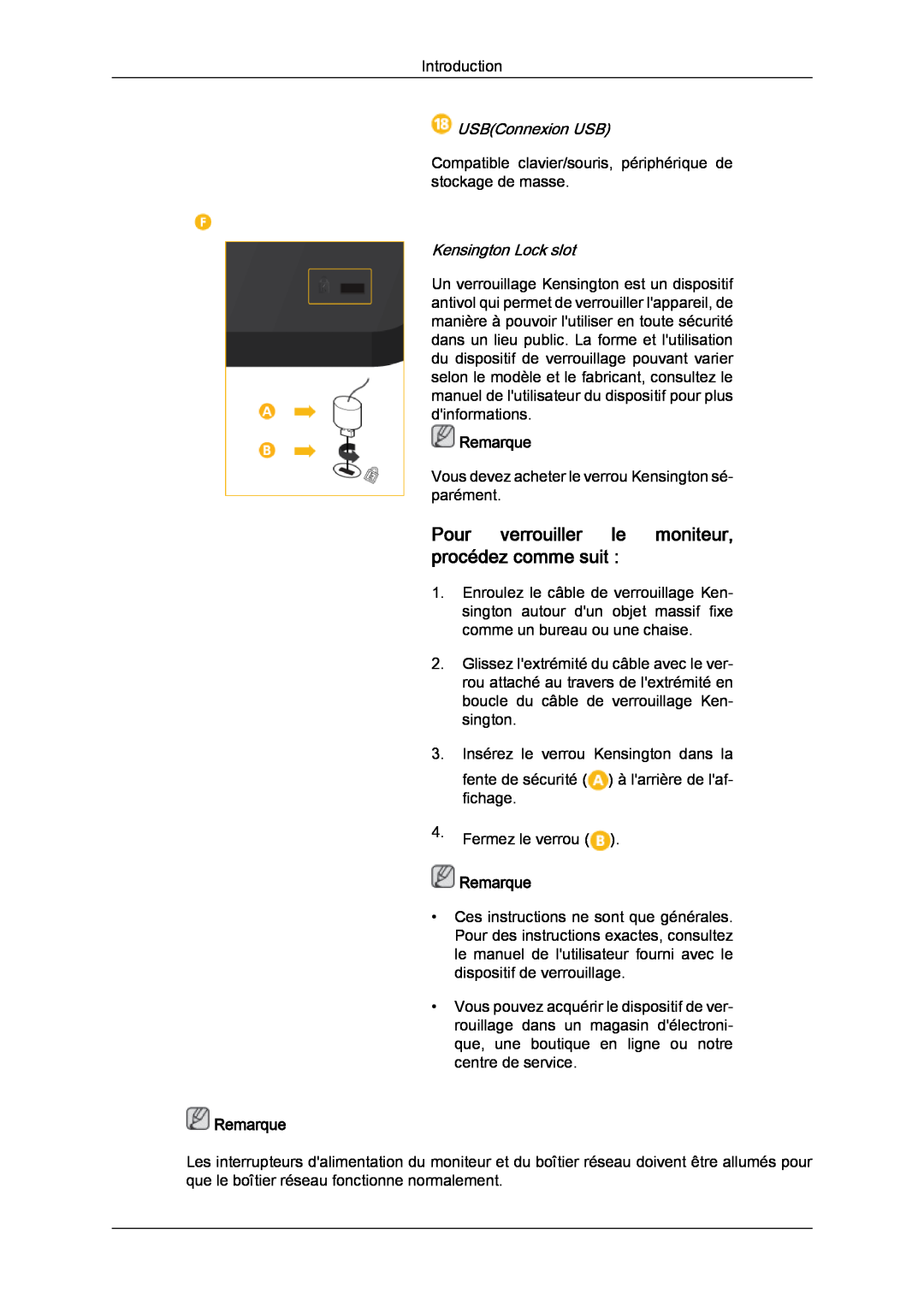 Samsung LH32CRSMBD/EN Pour verrouiller le moniteur, procédez comme suit, USBConnexion USB, Kensington Lock slot, Remarque 