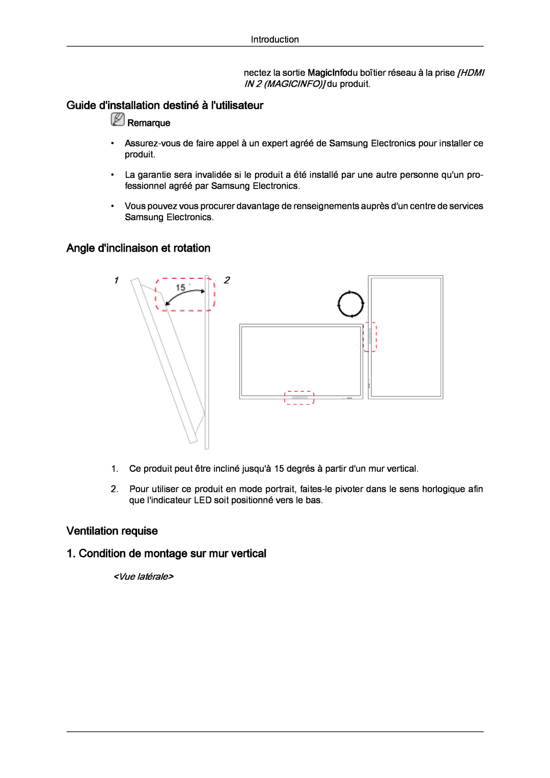 Samsung LH32CRTMBC/EN Guide dinstallation destiné à lutilisateur, Angle dinclinaison et rotation, Vue latérale, Remarque 