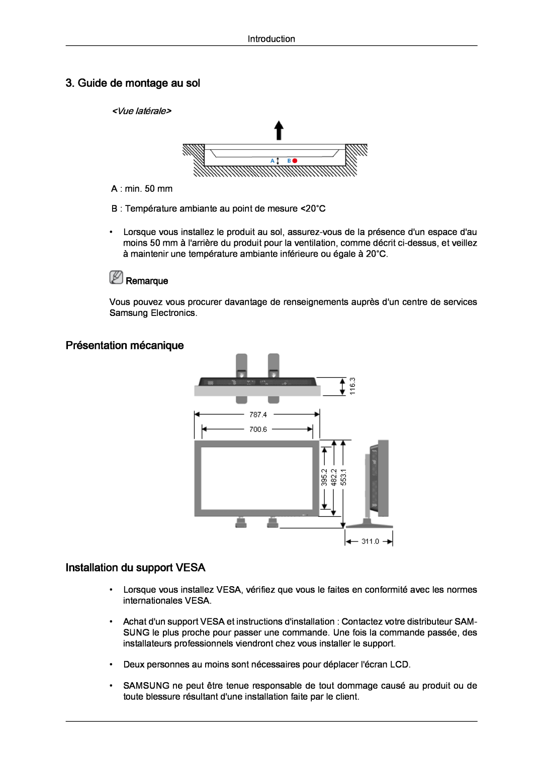 Samsung LH32CRSMBD/EN Guide de montage au sol, Présentation mécanique Installation du support VESA, Vue latérale, Remarque 