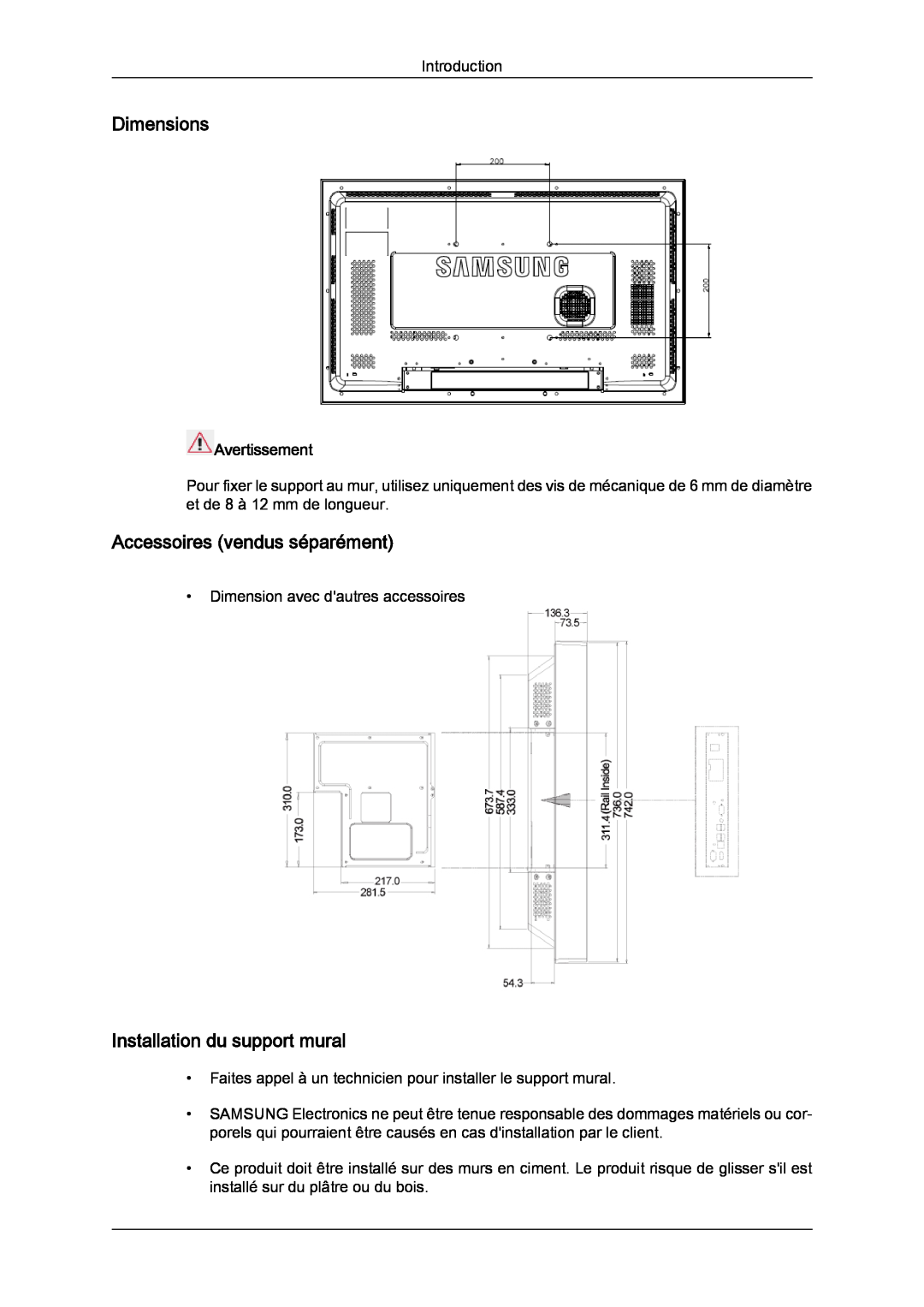 Samsung LH32CRTMBC/EN manual Dimensions, Accessoires vendus séparément, Installation du support mural, Avertissement 