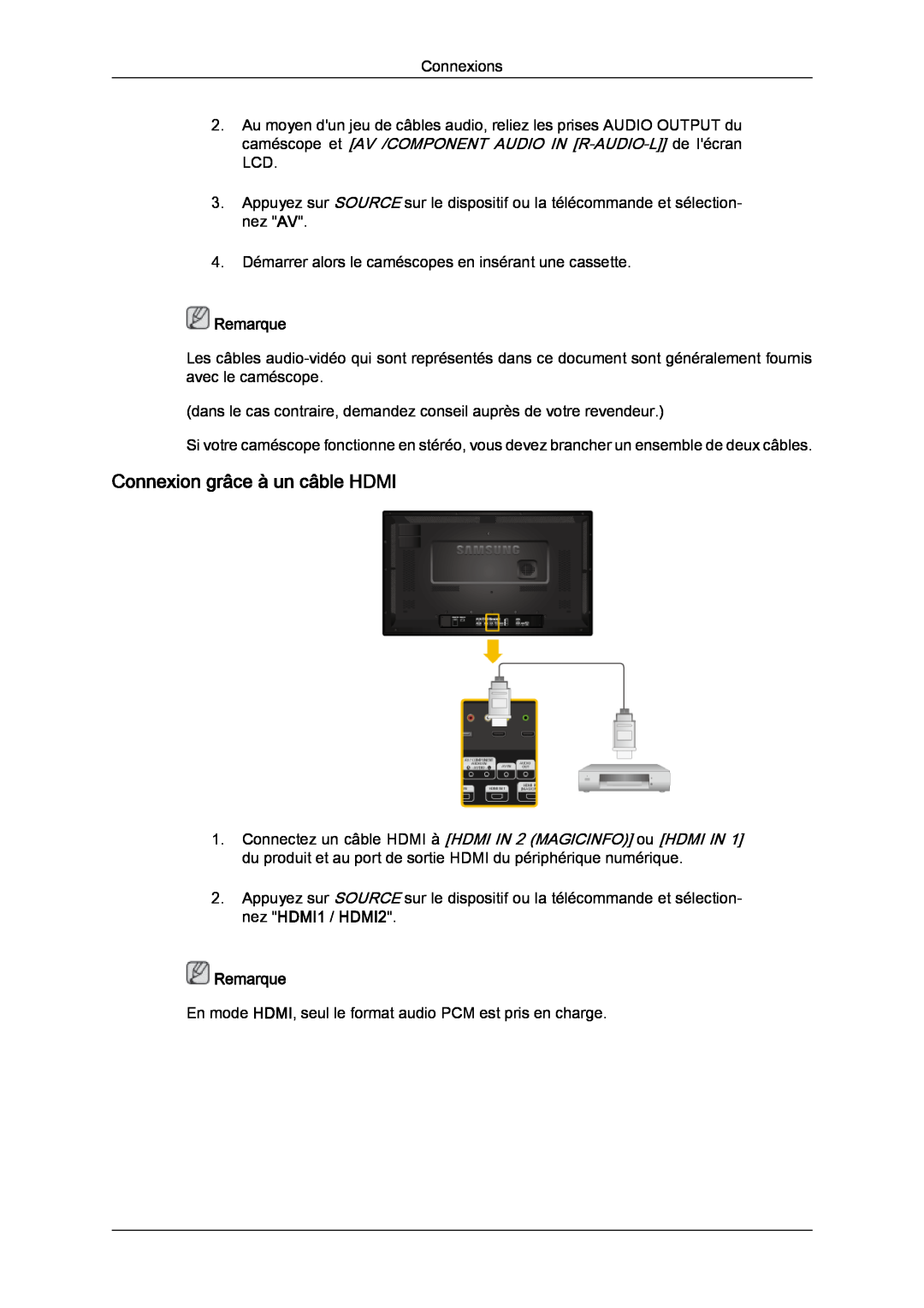 Samsung LH32CRSMBD/EN, LH32CRTMBC/EN, LH32CRSMBC/EN manual Connexion grâce à un câble HDMI, Remarque 