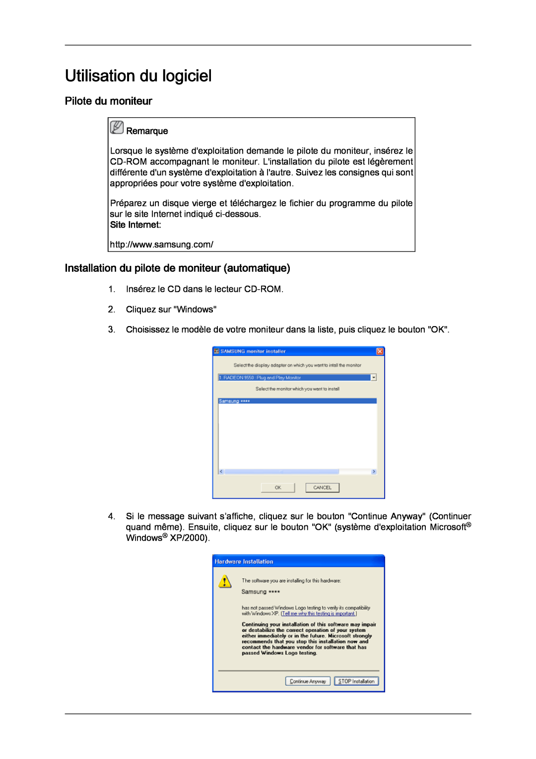 Samsung LH32CRSMBC/EN manual Utilisation du logiciel, Pilote du moniteur, Installation du pilote de moniteur automatique 