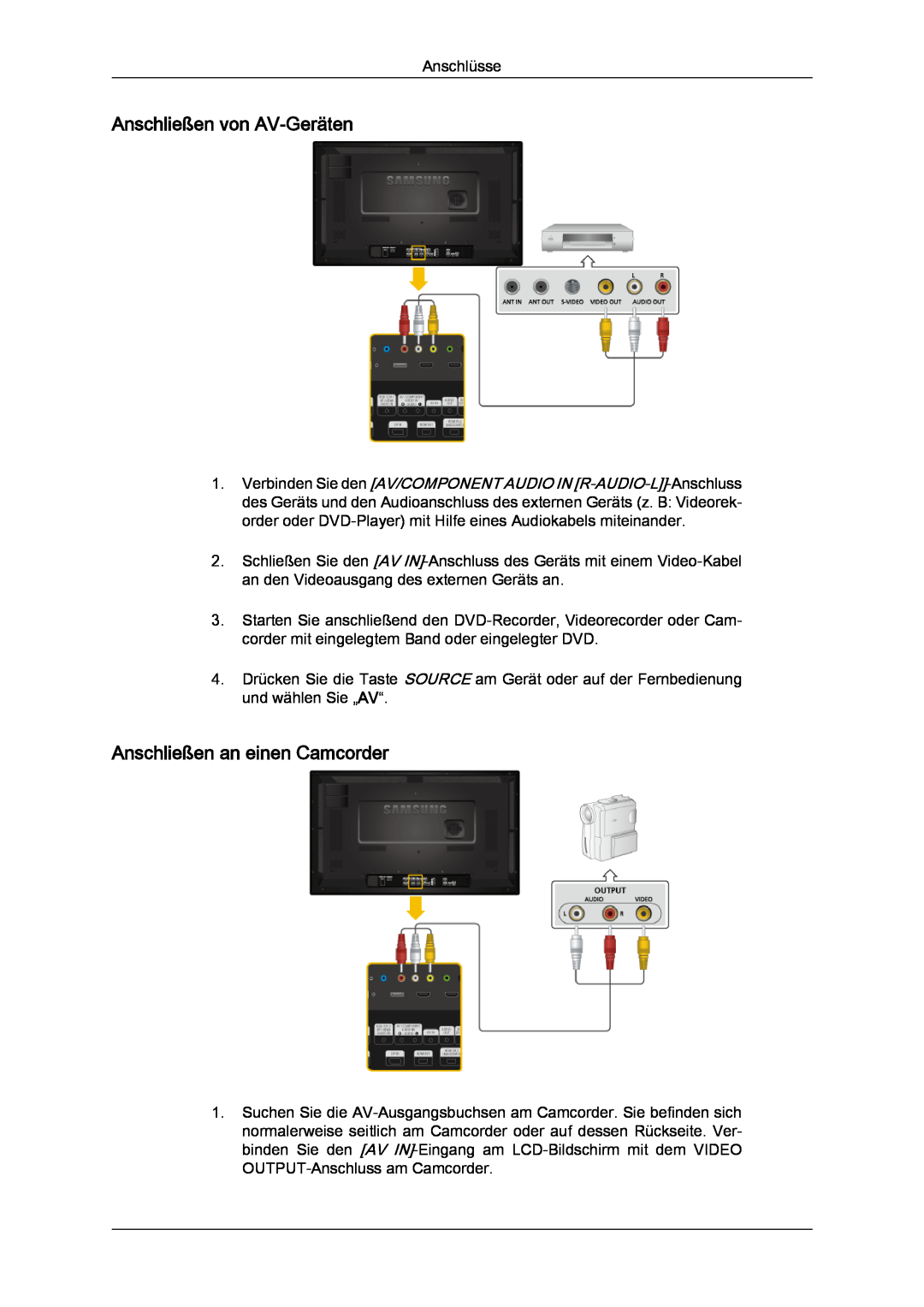 Samsung LH32CRSMBC/EN, LH32CRTMBC/EN, LH32CRSMBD/EN manual Anschließen von AV-Geräten, Anschließen an einen Camcorder 