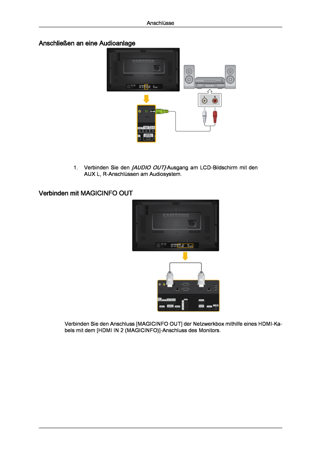 Samsung LH32CRSMBD/EN, LH32CRTMBC/EN, LH32CRSMBC/EN manual Anschließen an eine Audioanlage, Verbinden mit MAGICINFO OUT 