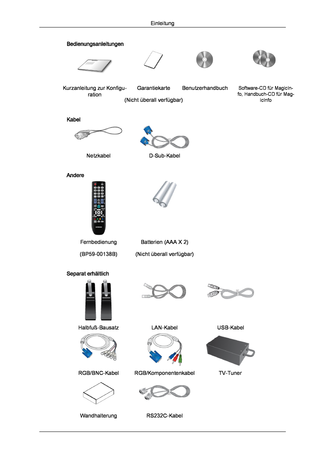 Samsung LH32CRTMBC/EN manual Bedienungsanleitungen, Kabel, Andere, Separat erhältlich, Software-CD für MagicIn, icInfo 