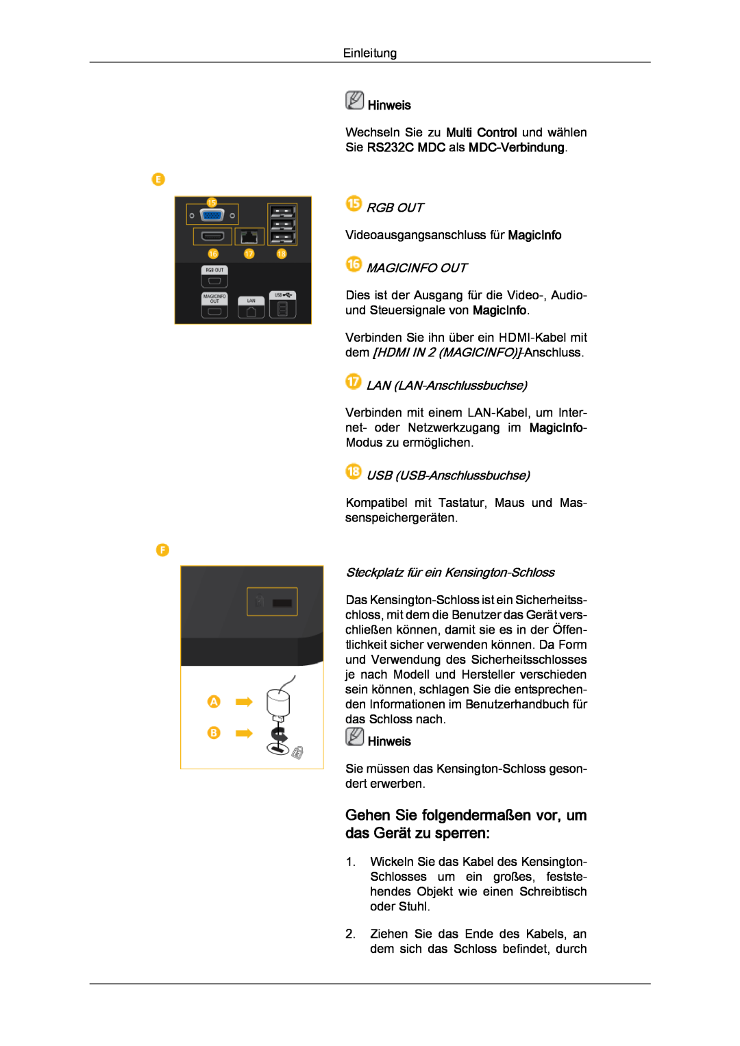 Samsung LH32CRTMBC/EN manual Gehen Sie folgendermaßen vor, um das Gerät zu sperren, Hinweis, Rgb Out, Magicinfo Out 