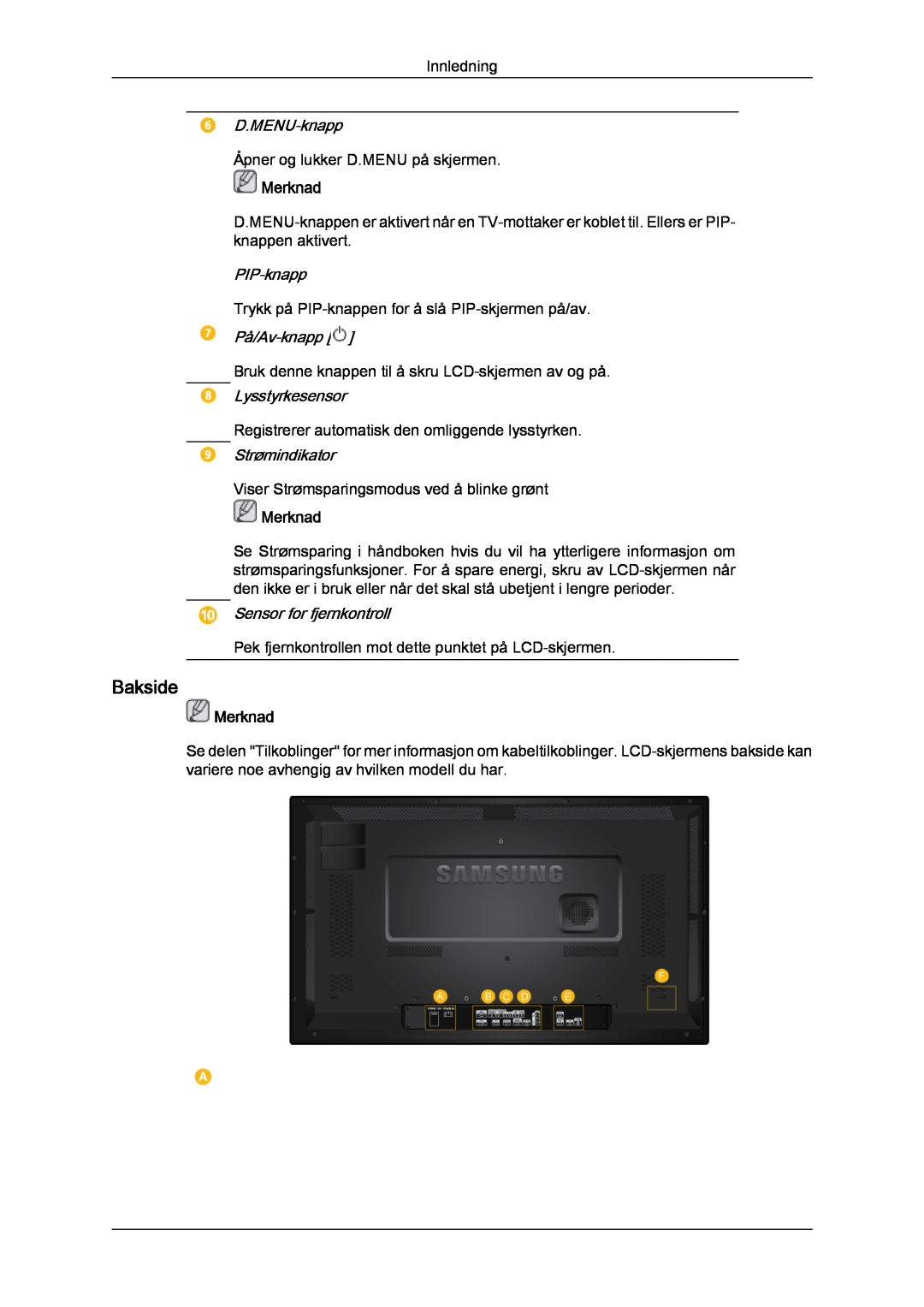 Samsung LH32CRSMBC/EN manual Bakside, D.MENU-knapp, PIP-knapp, På/Av-knapp, Lysstyrkesensor, Strømindikator, Merknad 