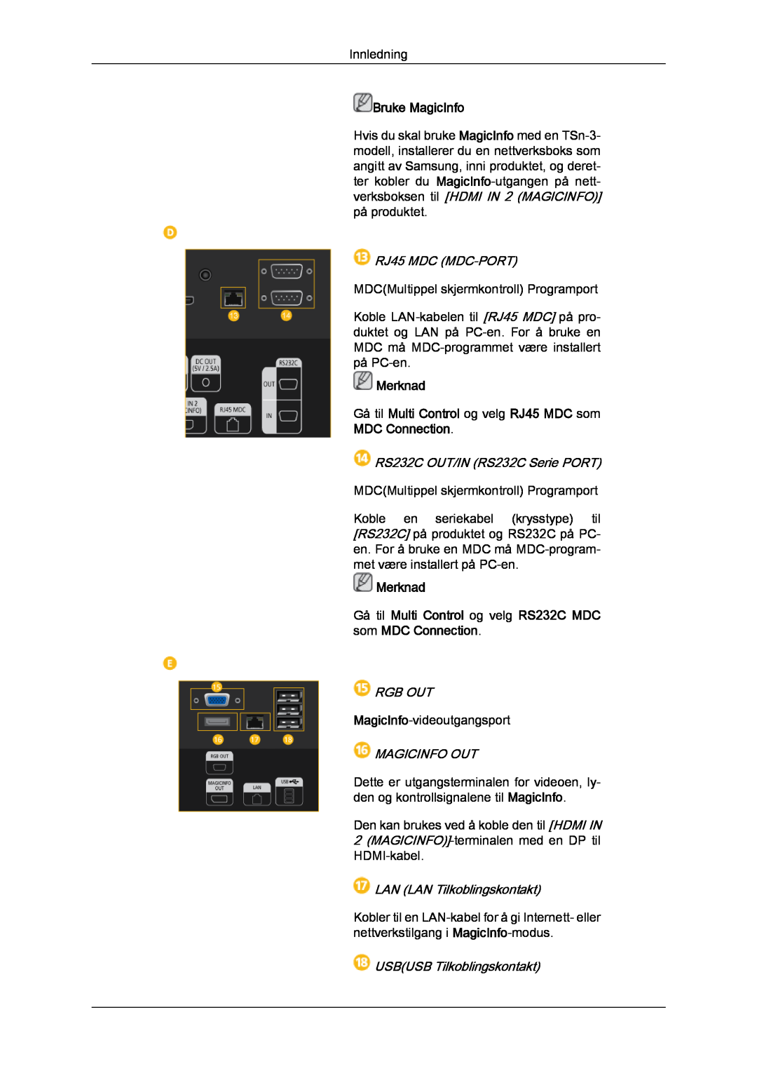 Samsung LH32CRSMBC/EN manual RJ45 MDC MDC-PORT, Merknad Gå til Multi Control og velg RJ45 MDC som MDC Connection, Rgb Out 