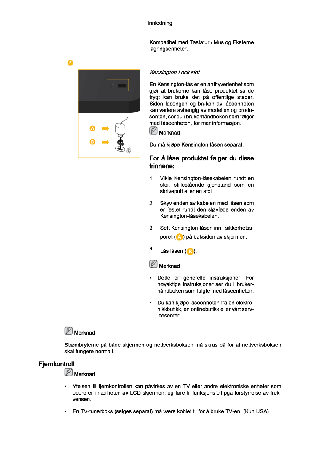 Samsung LH32CRSMBD/EN manual For å låse produktet følger du disse trinnene, Fjernkontroll, Kensington Lock slot, Merknad 