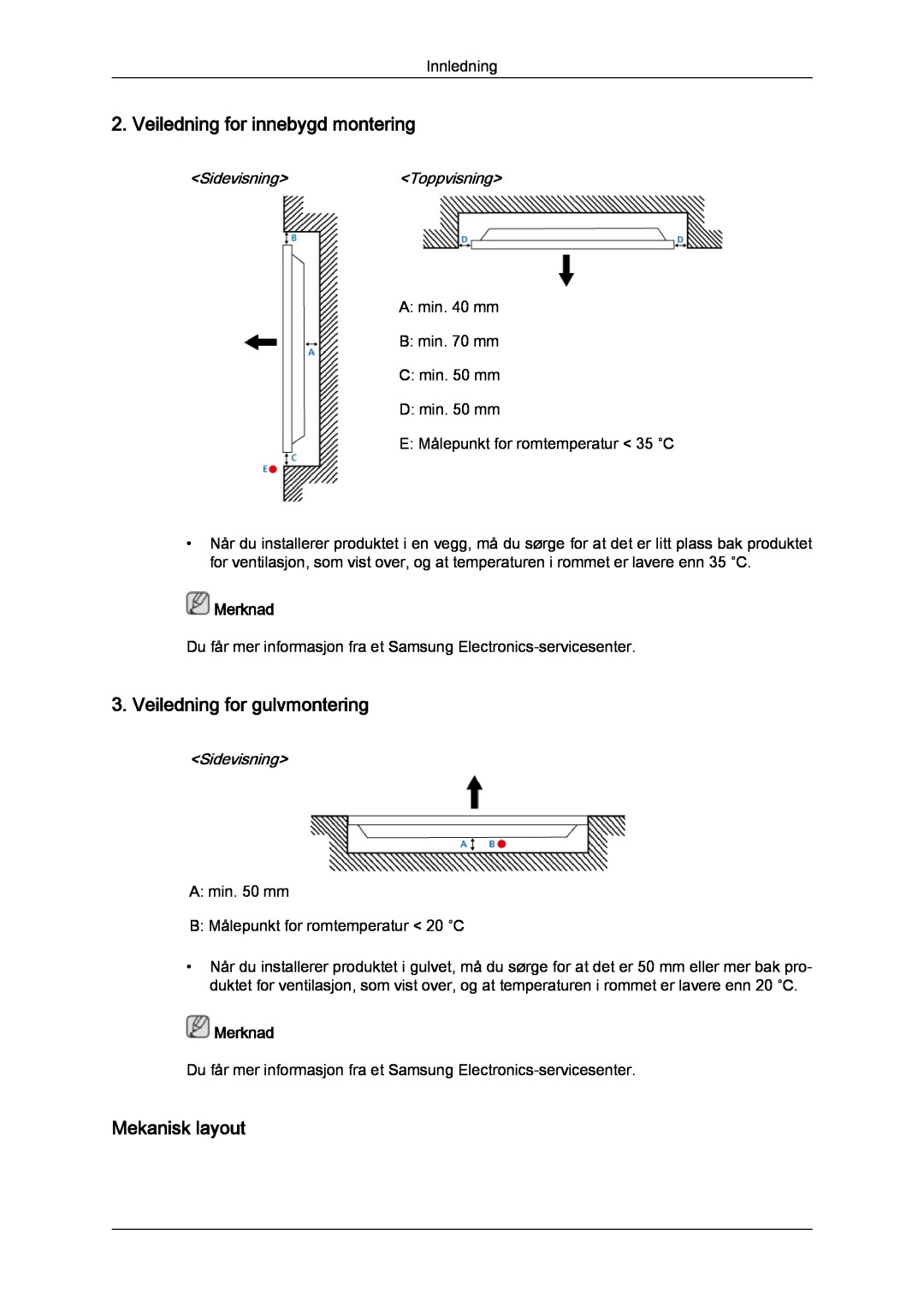 Samsung LH32CRSMBC/EN manual Veiledning for innebygd montering, Veiledning for gulvmontering, Mekanisk layout, Merknad 