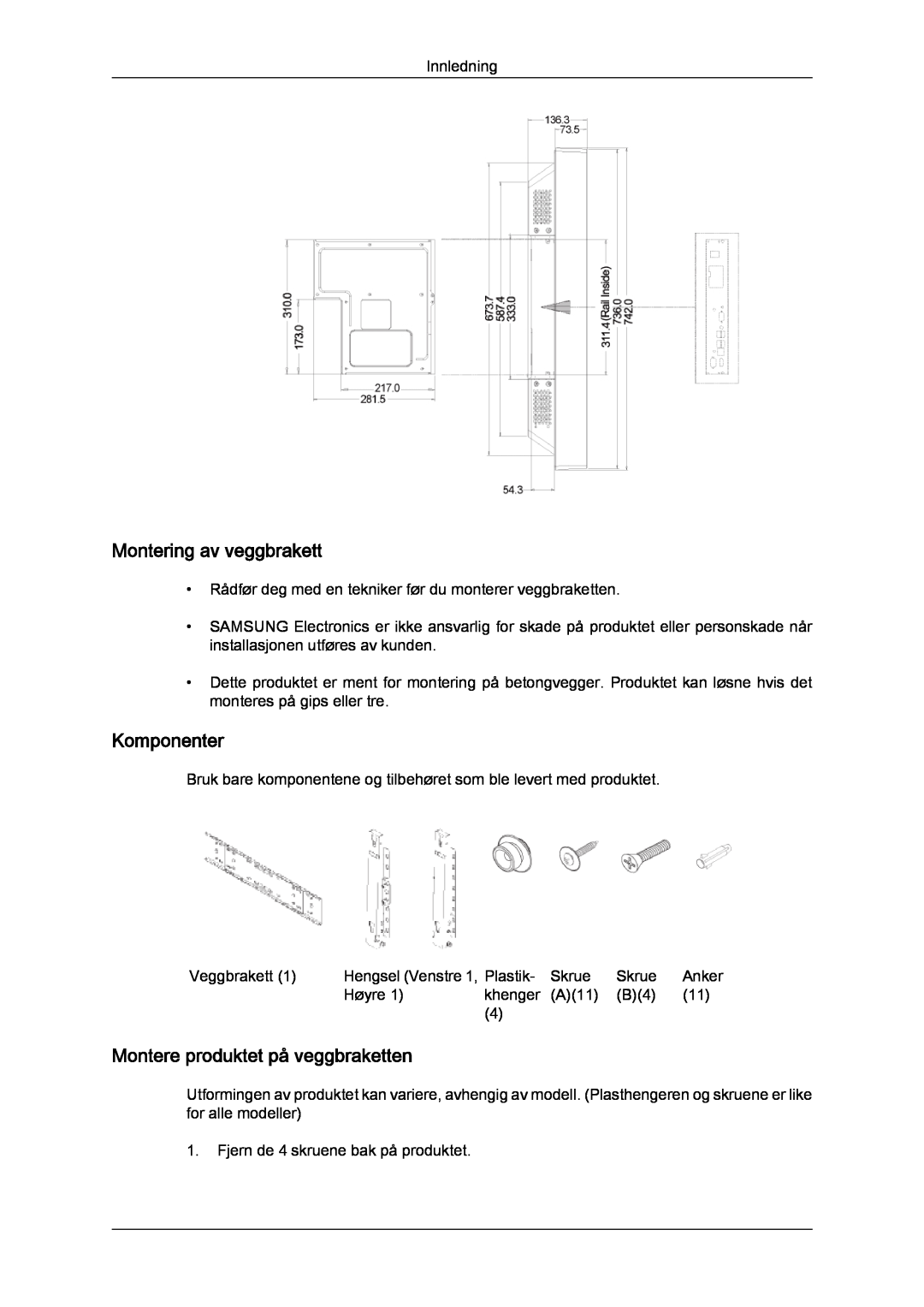 Samsung LH32CRTMBC/EN, LH32CRSMBC/EN manual Montering av veggbrakett, Komponenter, Montere produktet på veggbraketten 