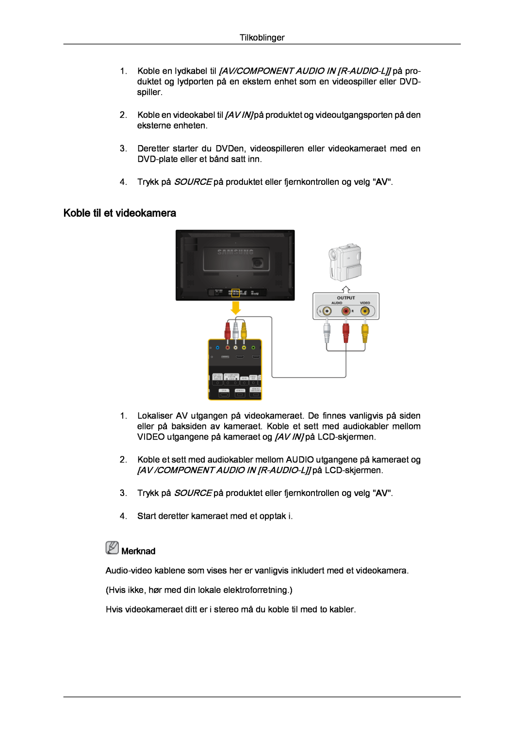 Samsung LH32CRTMBC/EN, LH32CRSMBC/EN, LH32CRSMBD/EN manual Koble til et videokamera, Merknad 