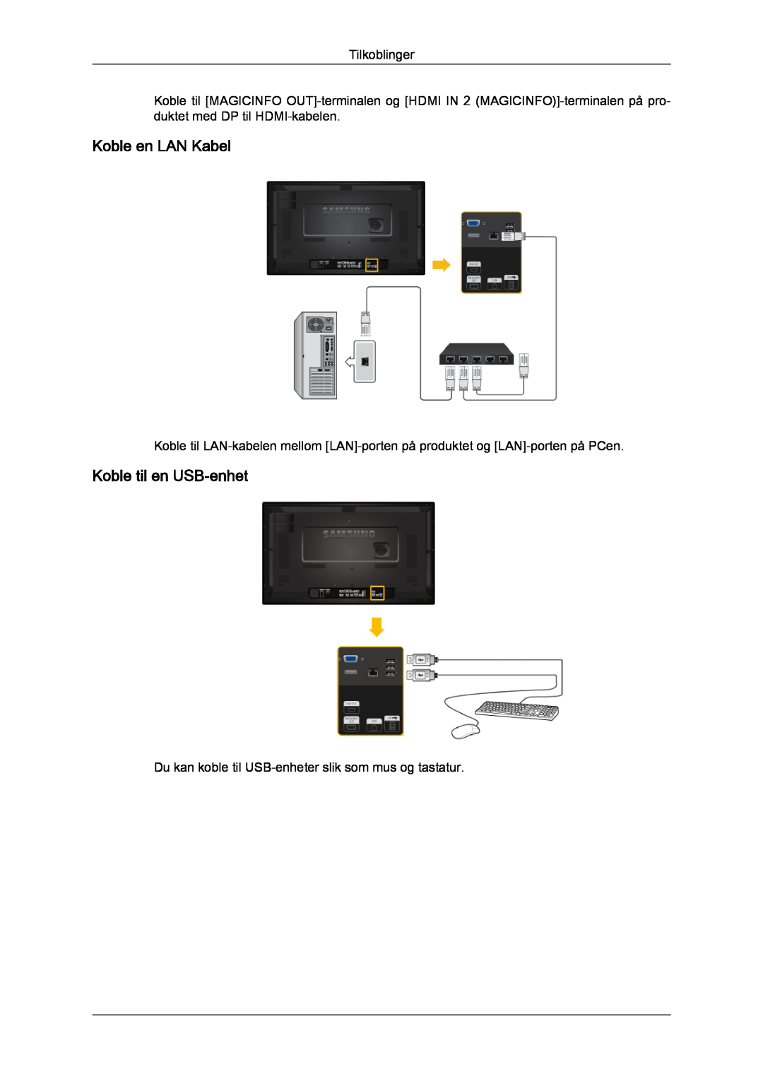 Samsung LH32CRSMBC/EN, LH32CRTMBC/EN, LH32CRSMBD/EN manual Koble en LAN Kabel, Koble til en USB-enhet, Tilkoblinger 