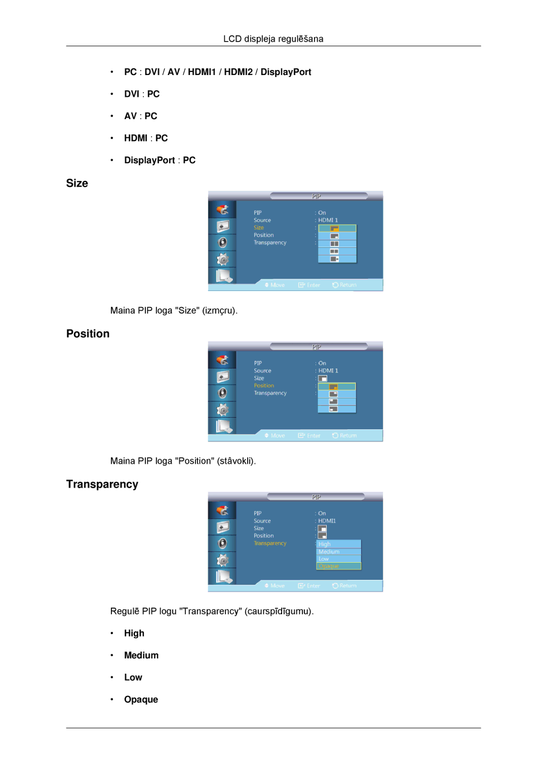 Samsung LH32CRSMBD/EN, LH32CRTMBC/EN manual Size, Position, Transparency 