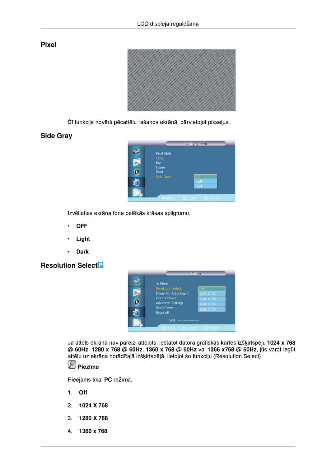 Samsung LH32CRSMBD/EN, LH32CRTMBC/EN manual Pixel, Side Gray, Resolution Select, Light Dark, Off 1024 X 1280 X 1360 x 