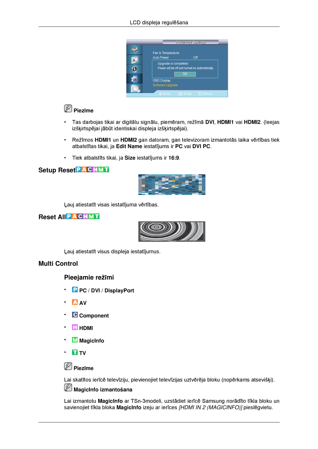 Samsung LH32CRTMBC/EN, LH32CRSMBD/EN manual Setup Reset, Reset All, Multi Control Pieejamie režīmi 