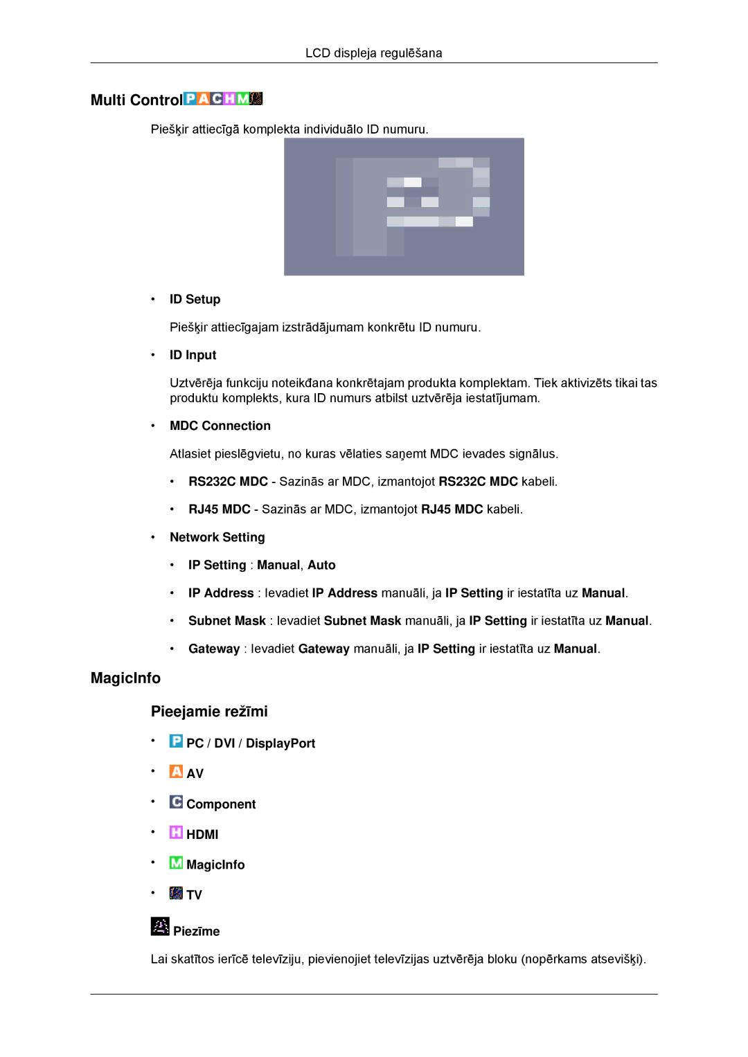Samsung LH32CRSMBD/EN, LH32CRTMBC/EN manual Multi Control, MagicInfo Pieejamie režīmi 